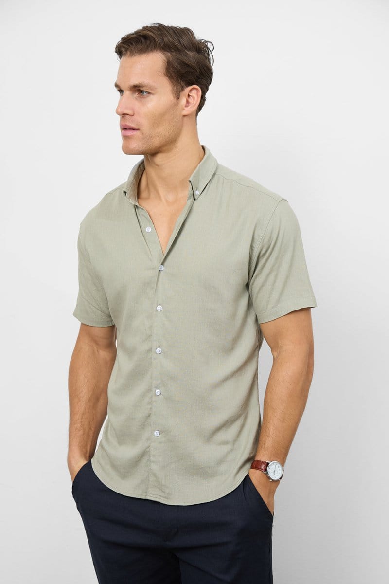 Stretch Linen Blend Button Through Shirt in Soft Sage - TAILORED ATHLETE - USA