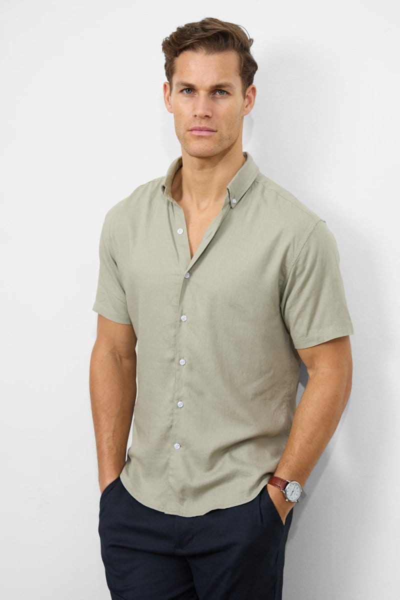 Stretch Linen Blend Button Through Shirt in Soft Sage - TAILORED ATHLETE - USA