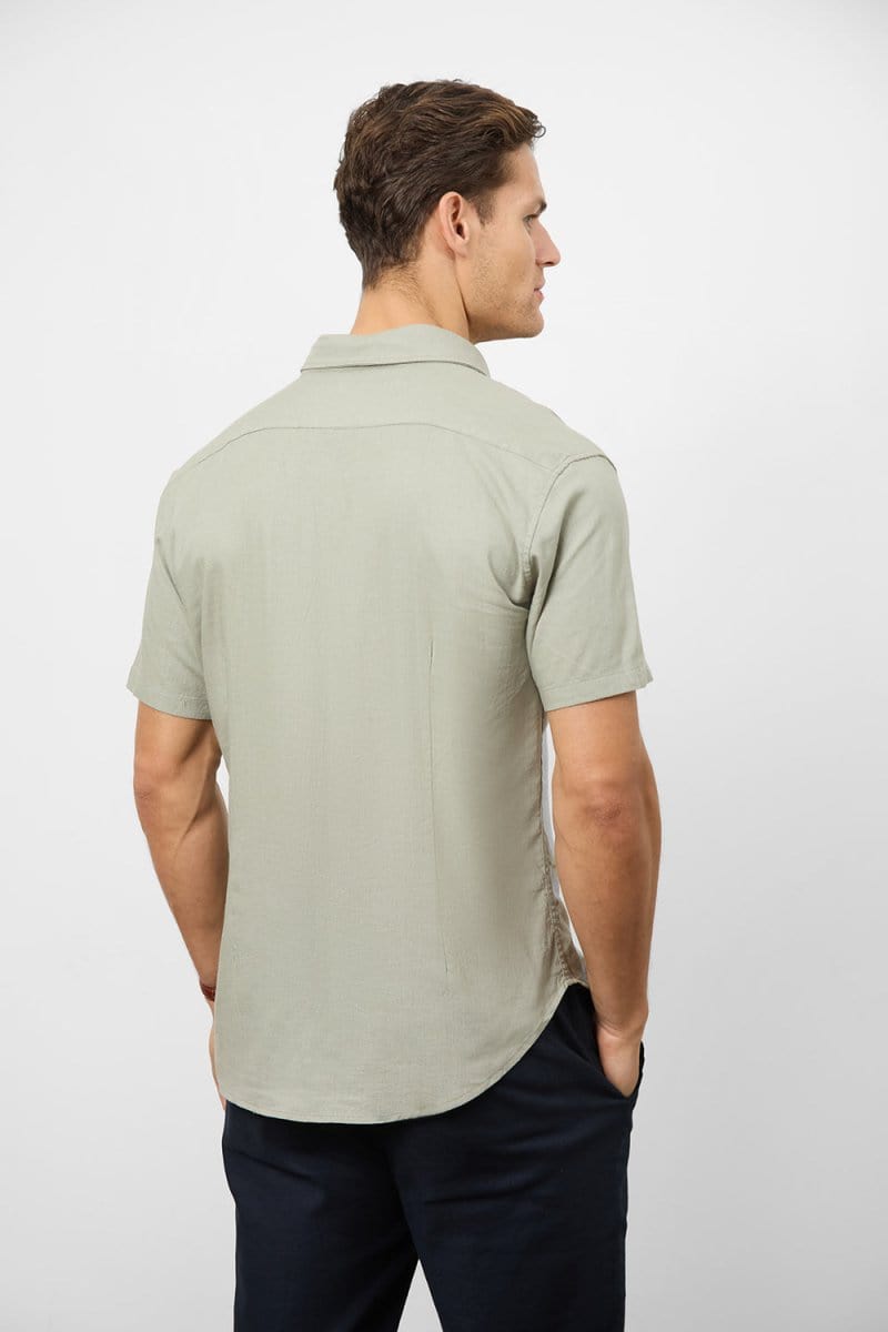 Stretch Linen Blend Button Through Shirt in Soft Sage - TAILORED ATHLETE - USA