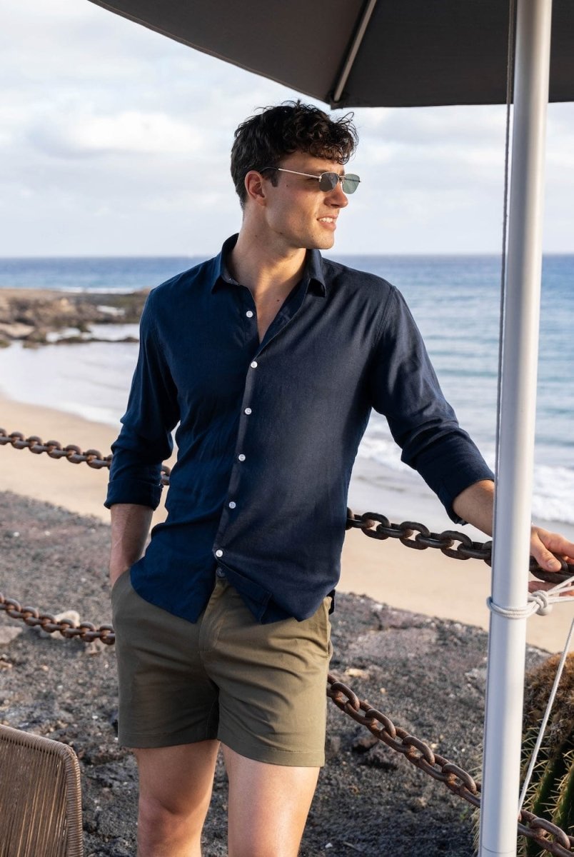 Stretch Linen Blend Button Through Shirt in Navy - TAILORED ATHLETE - USA