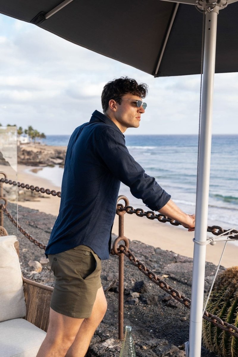 Stretch Linen Blend Button Through Shirt in Navy - TAILORED ATHLETE - USA