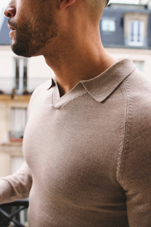 Extra Fine Merino Wool Open Collar Polo Shirt in Wheat Marl - TAILORED ATHLETE - USA