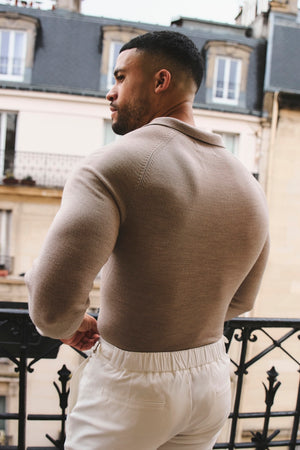 Extra Fine Merino Wool Open Collar Polo Shirt in Wheat Marl - TAILORED ATHLETE - USA