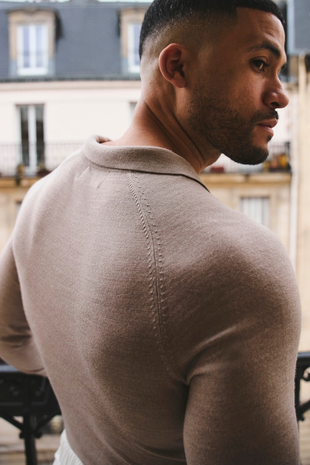 Extra Fine Merino Wool Open Collar Polo Shirt in Wheat Marl - TAILORED ATHLETE - USA