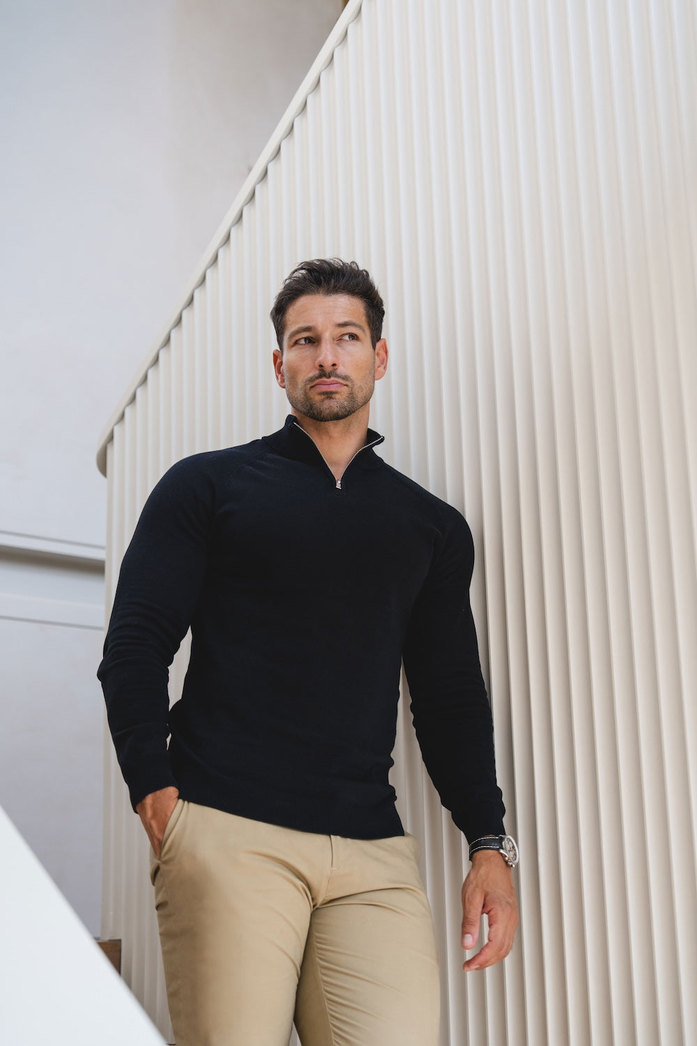 Extra Fine Merino Wool Half Zip Neck Sweater in Black - TAILORED ATHLETE - USA