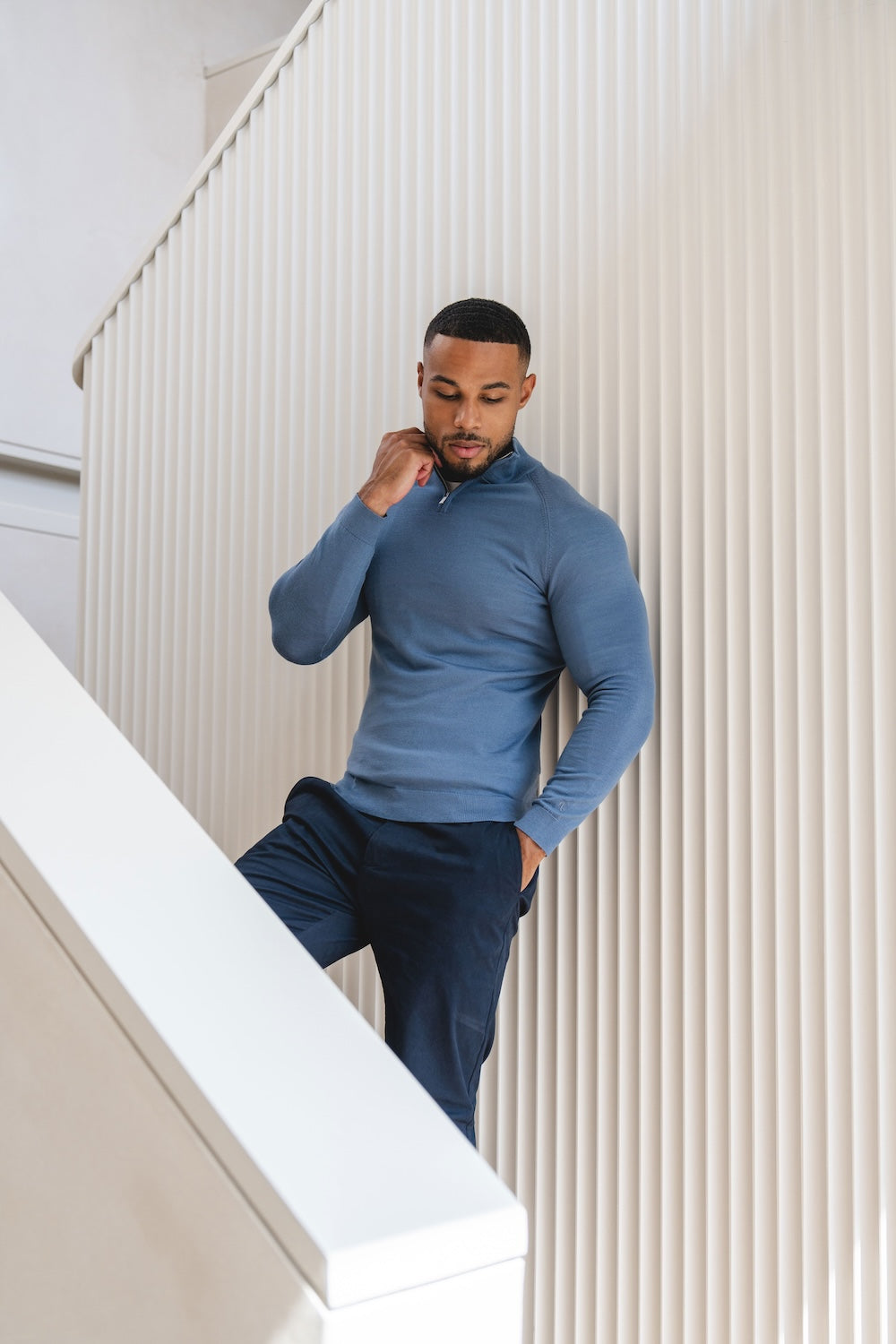 Extra Fine Merino Wool Half Zip Neck Sweater in Airforce Blue - TAILORED ATHLETE - USA