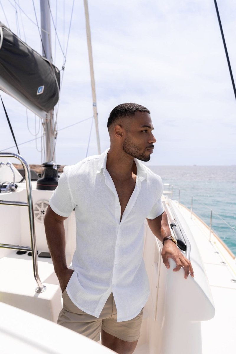 Stretch Linen Blend Button Through Shirt in White - TAILORED ATHLETE - USA