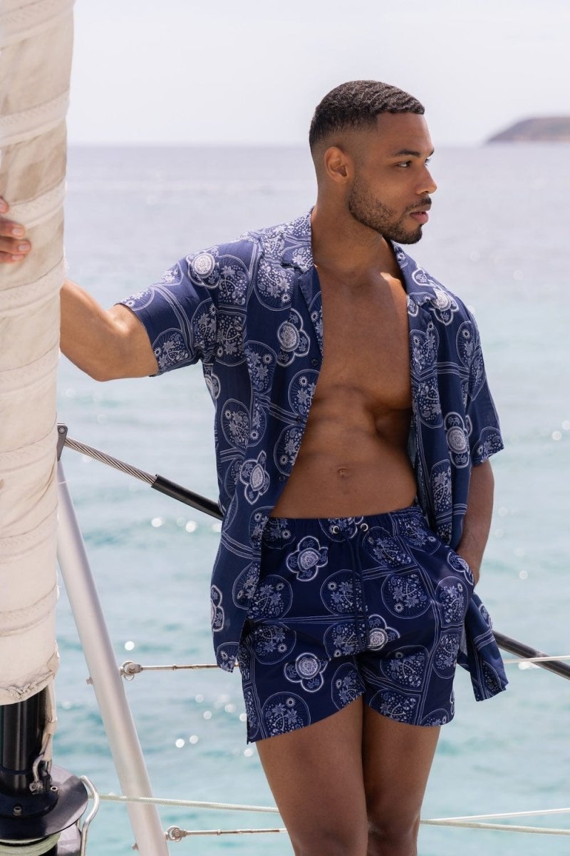 Printed Swim Shorts in Navy/White Paisley Palm - TAILORED ATHLETE - USA