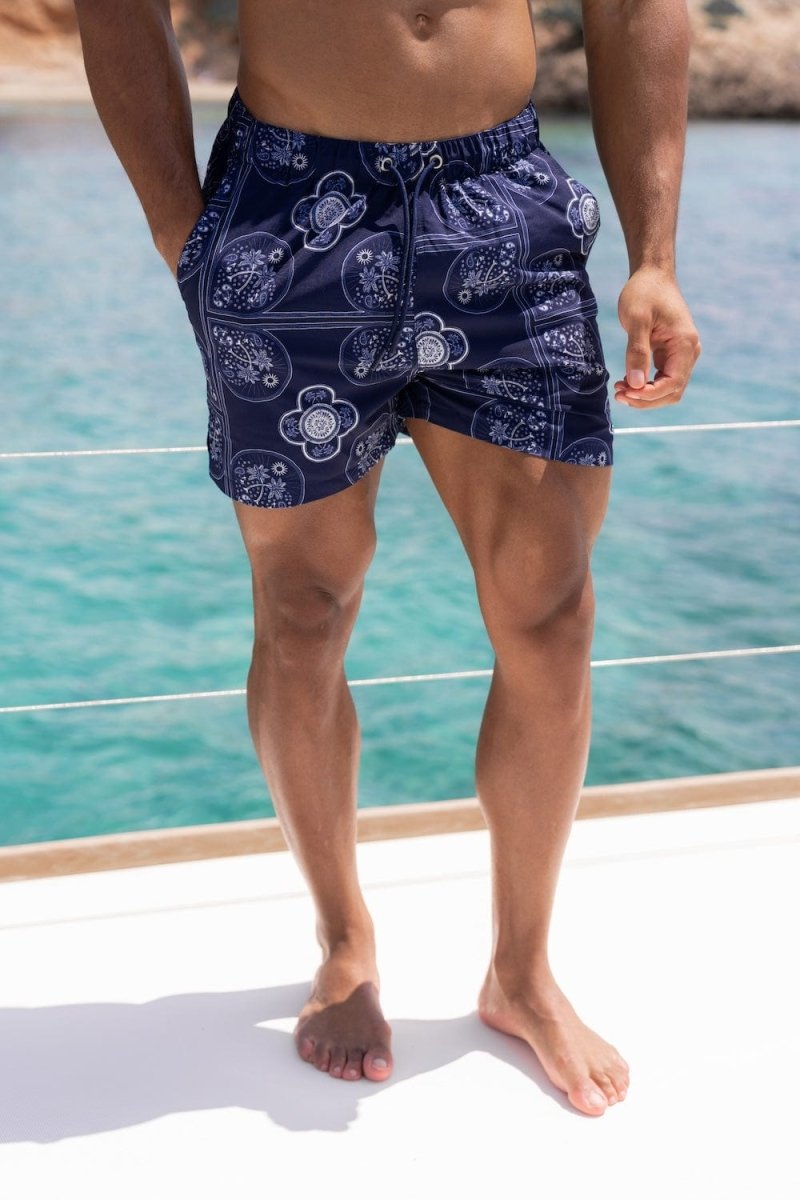 Printed Swim Shorts in Navy/White Paisley Palm - TAILORED ATHLETE - USA