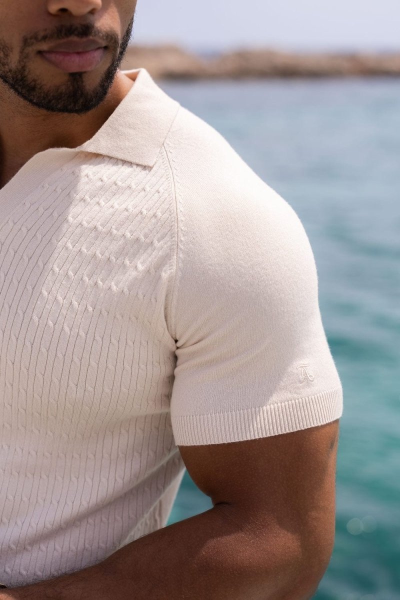 Fine Cable Knitted Polo Shirt in Ecru - TAILORED ATHLETE - USA