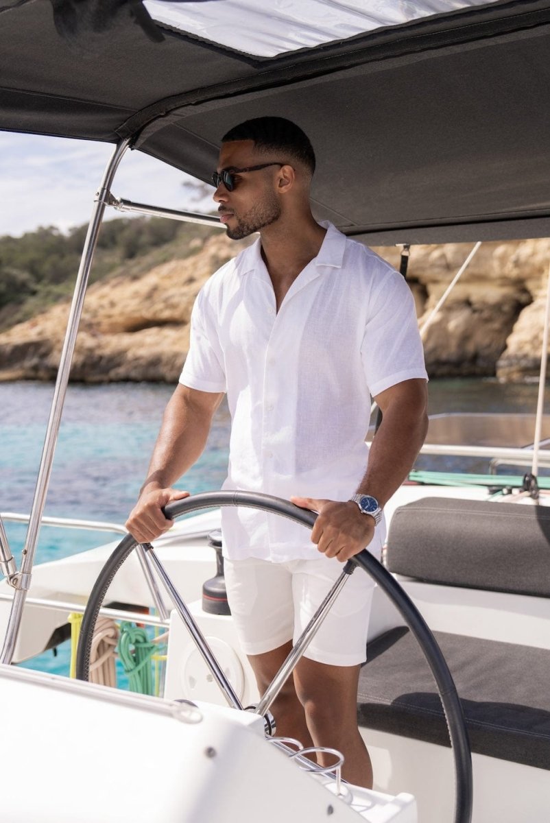 Stretch Linen Blend Cuban Collar Shirt in White - TAILORED ATHLETE - USA