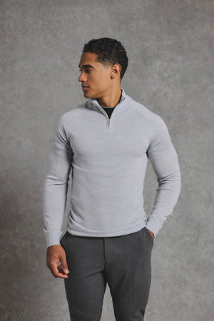 Extra Fine Merino Wool Half Zip Neck Sweater in Dove Grey - TAILORED ATHLETE - USA