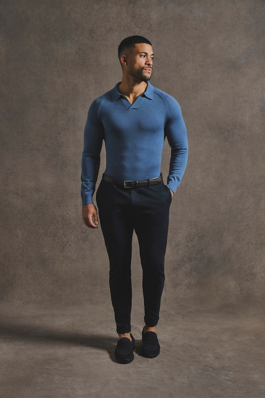 Extra Fine Merino Wool Open Collar Polo Shirt in Airforce Blue - TAILORED ATHLETE - USA