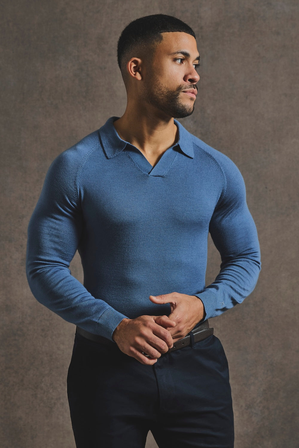 Extra Fine Merino Wool Open Collar Polo Shirt in Airforce Blue - TAILORED ATHLETE - USA
