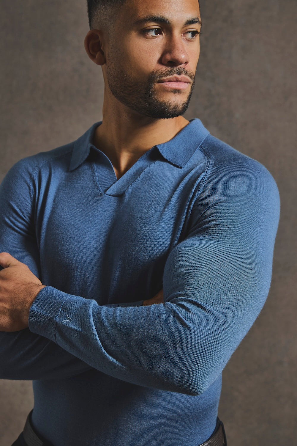 Extra Fine Merino Wool Open Collar Polo Shirt in Airforce Blue - TAILORED ATHLETE - USA