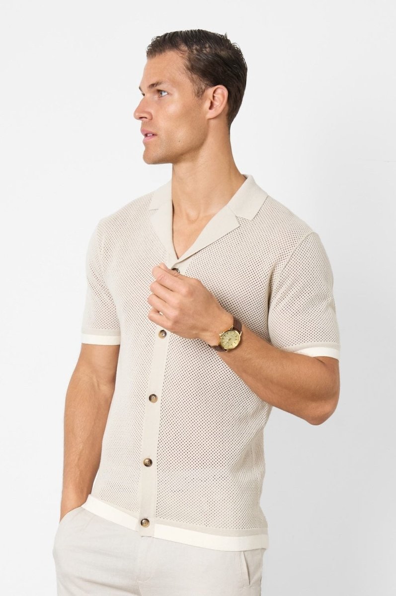 Open Stitch Cuban Collar Knitted Shirt in Stone - TAILORED ATHLETE - USA