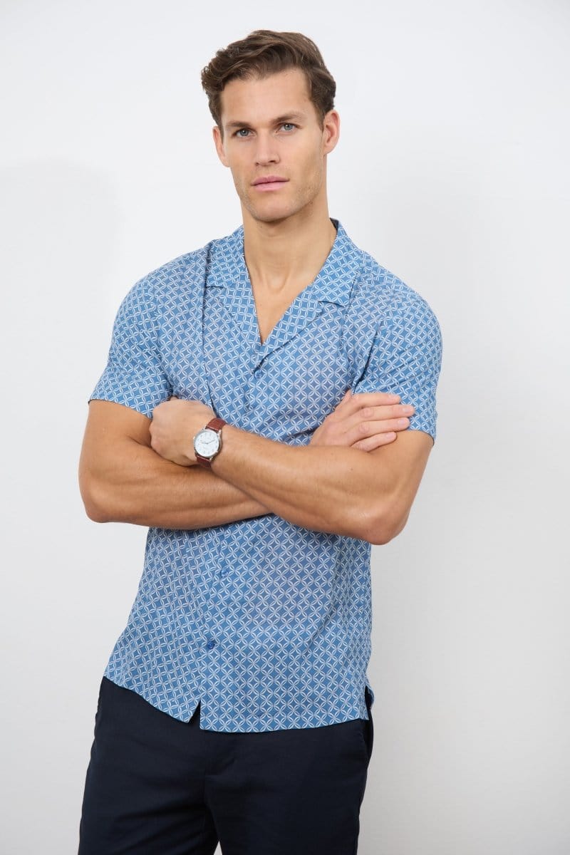 Printed Shirt in Slate Blue/White Circle Geo - TAILORED ATHLETE - USA