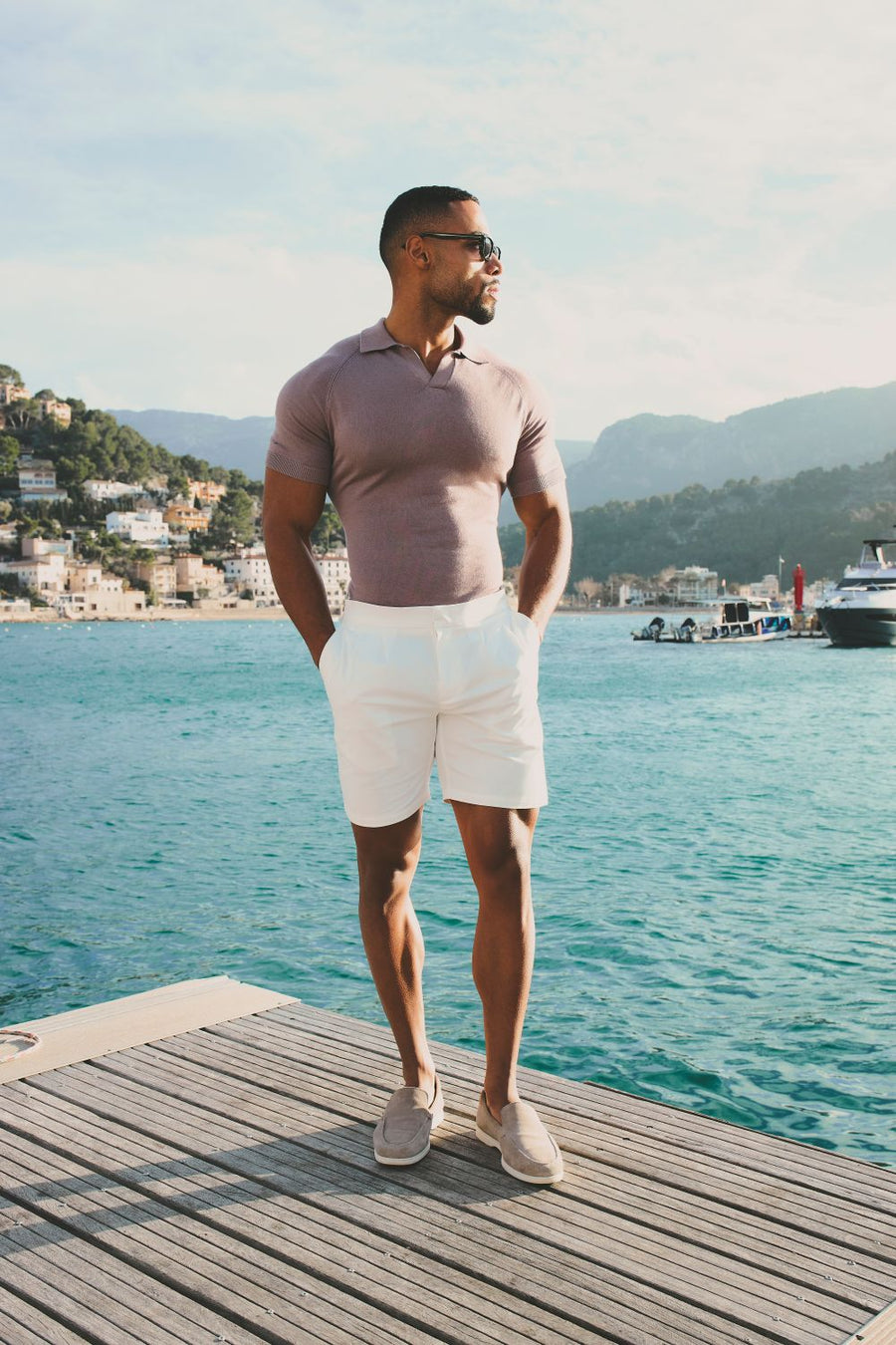 Open Collar Knitted Polo Shirt in Dusty Rose - TAILORED ATHLETE - USA