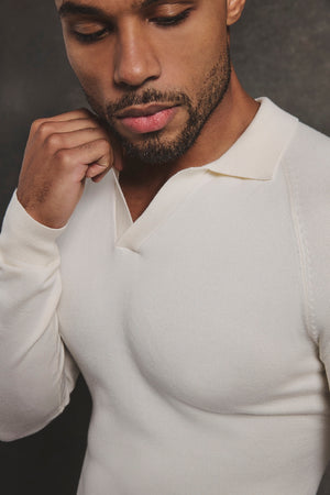 Open Collar Knitted Polo Shirt in Winter White - TAILORED ATHLETE - USA
