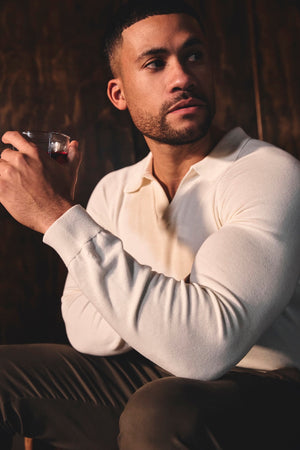 Open Collar Knitted Polo Shirt in Winter White - TAILORED ATHLETE - USA