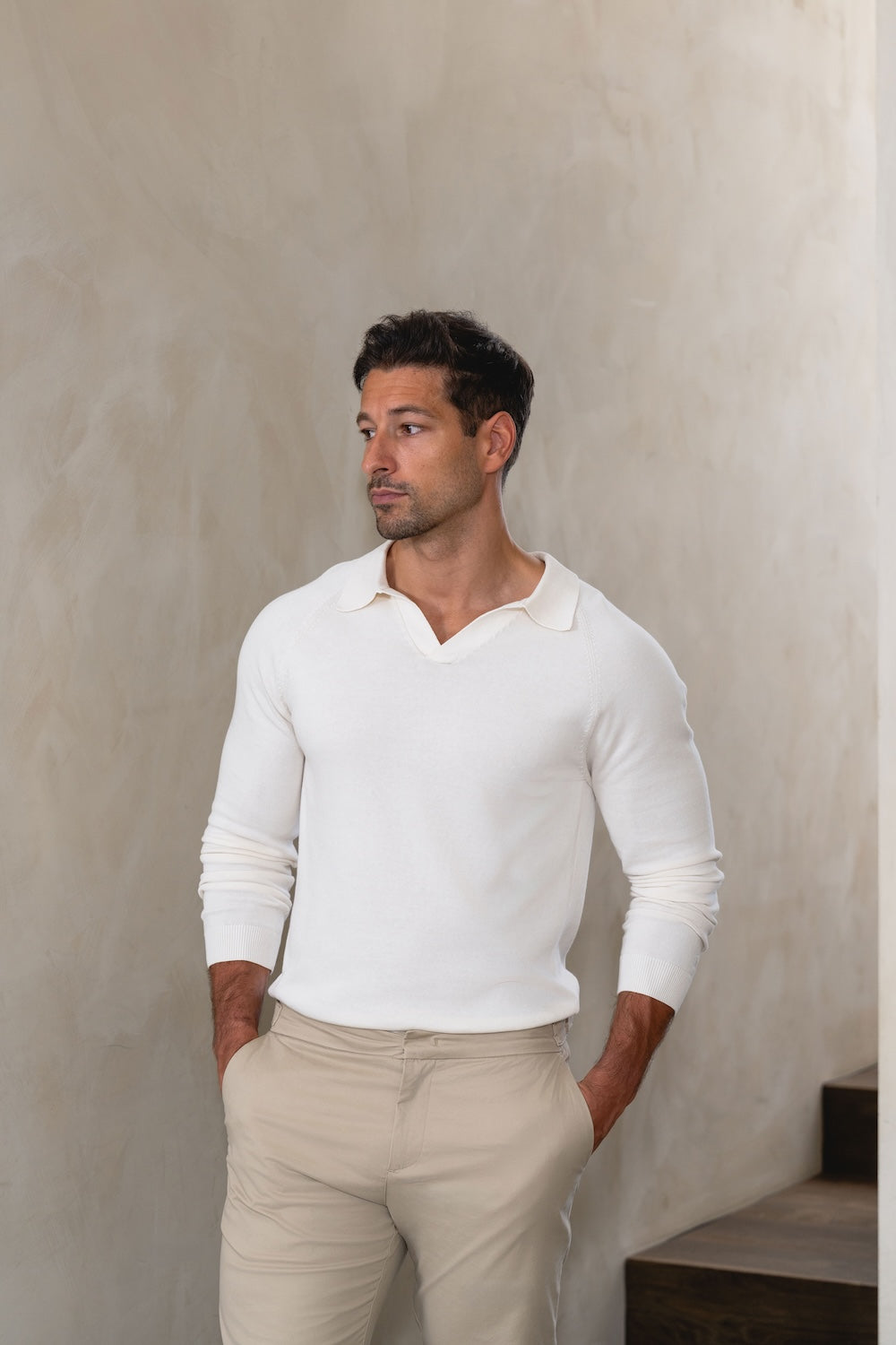 Pure Cotton Knitted Open Collar Polo Shirt in Winter White - TAILORED ATHLETE - USA