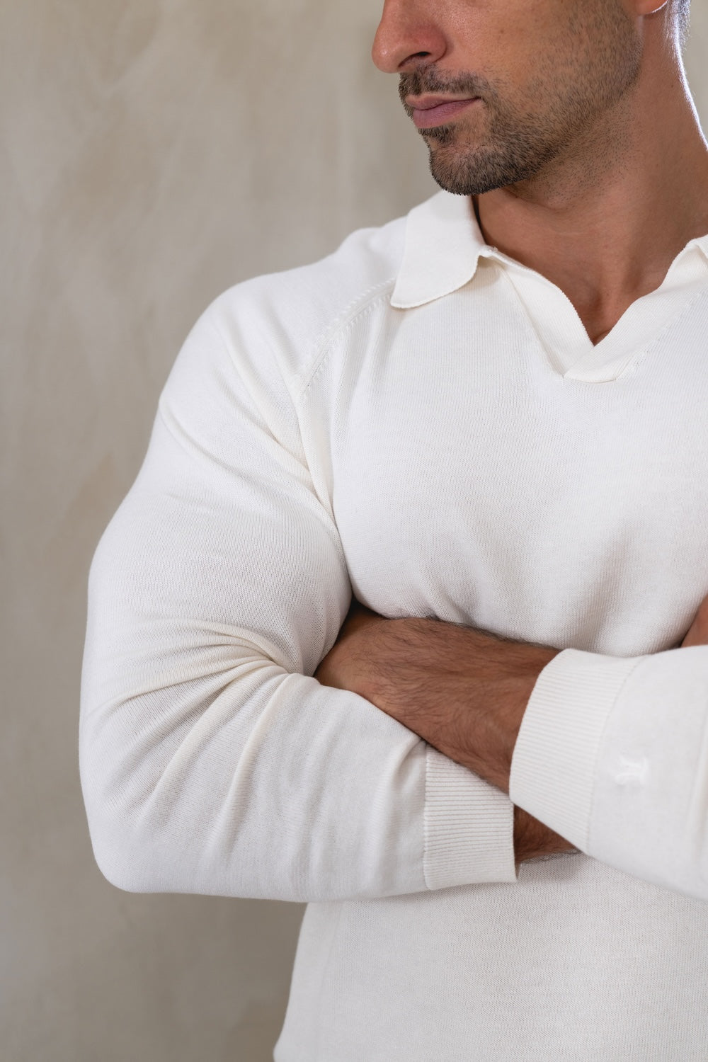 Pure Cotton Knitted Open Collar Polo Shirt in Winter White - TAILORED ATHLETE - USA