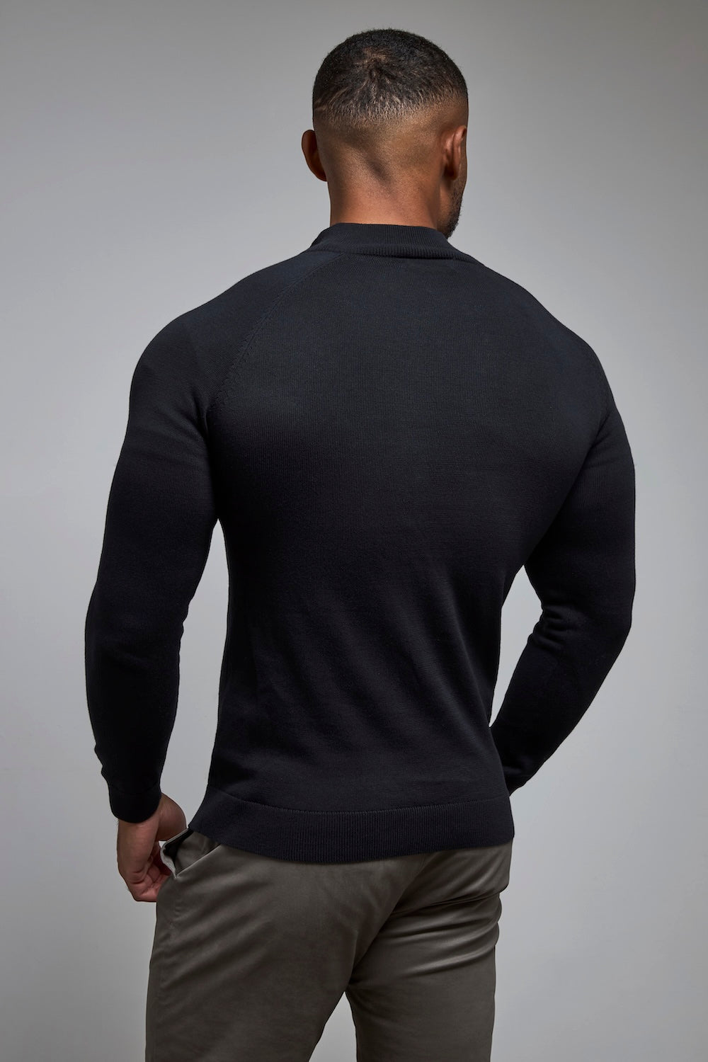 Pure Cotton Knitted Button Neck Sweater in Black - TAILORED ATHLETE - USA