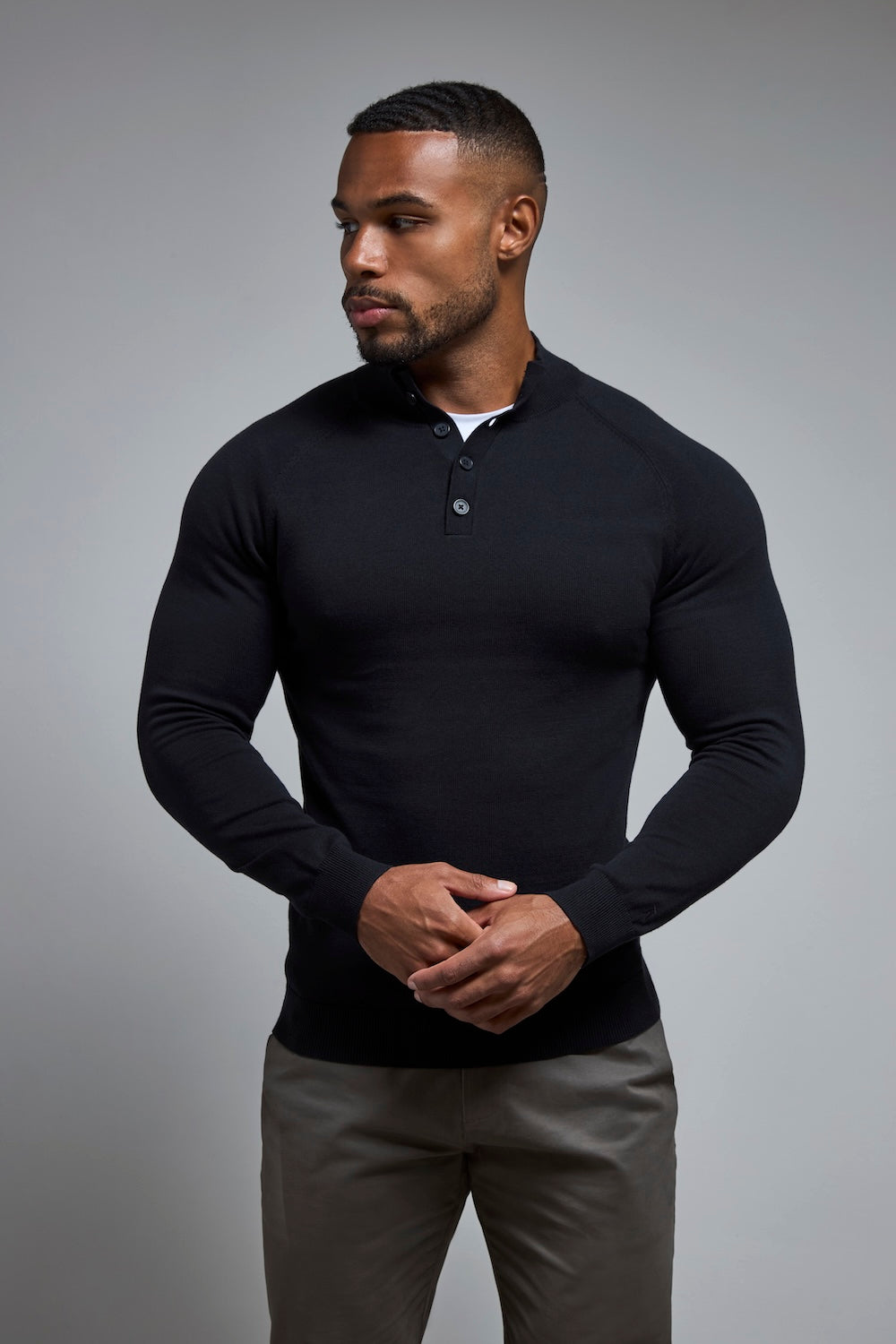 Pure Cotton Knitted Button Neck Sweater in Black - TAILORED ATHLETE - USA
