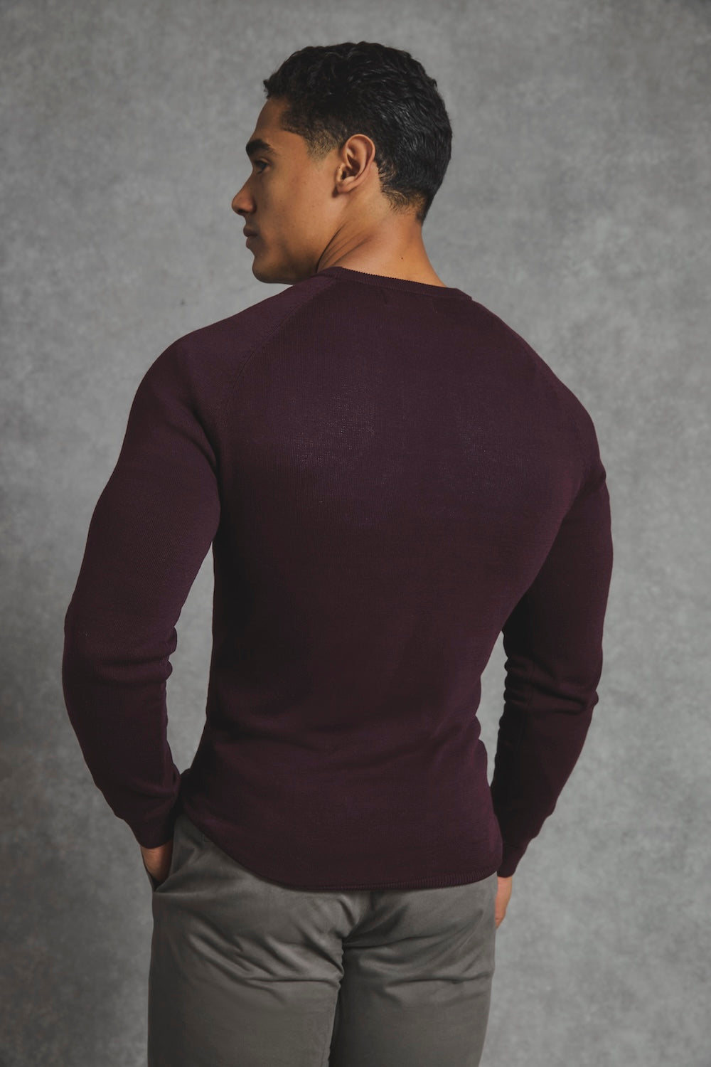 Pure Cotton Knitted Crew Neck Sweater in Dark Bordeaux - TAILORED ATHLETE - USA