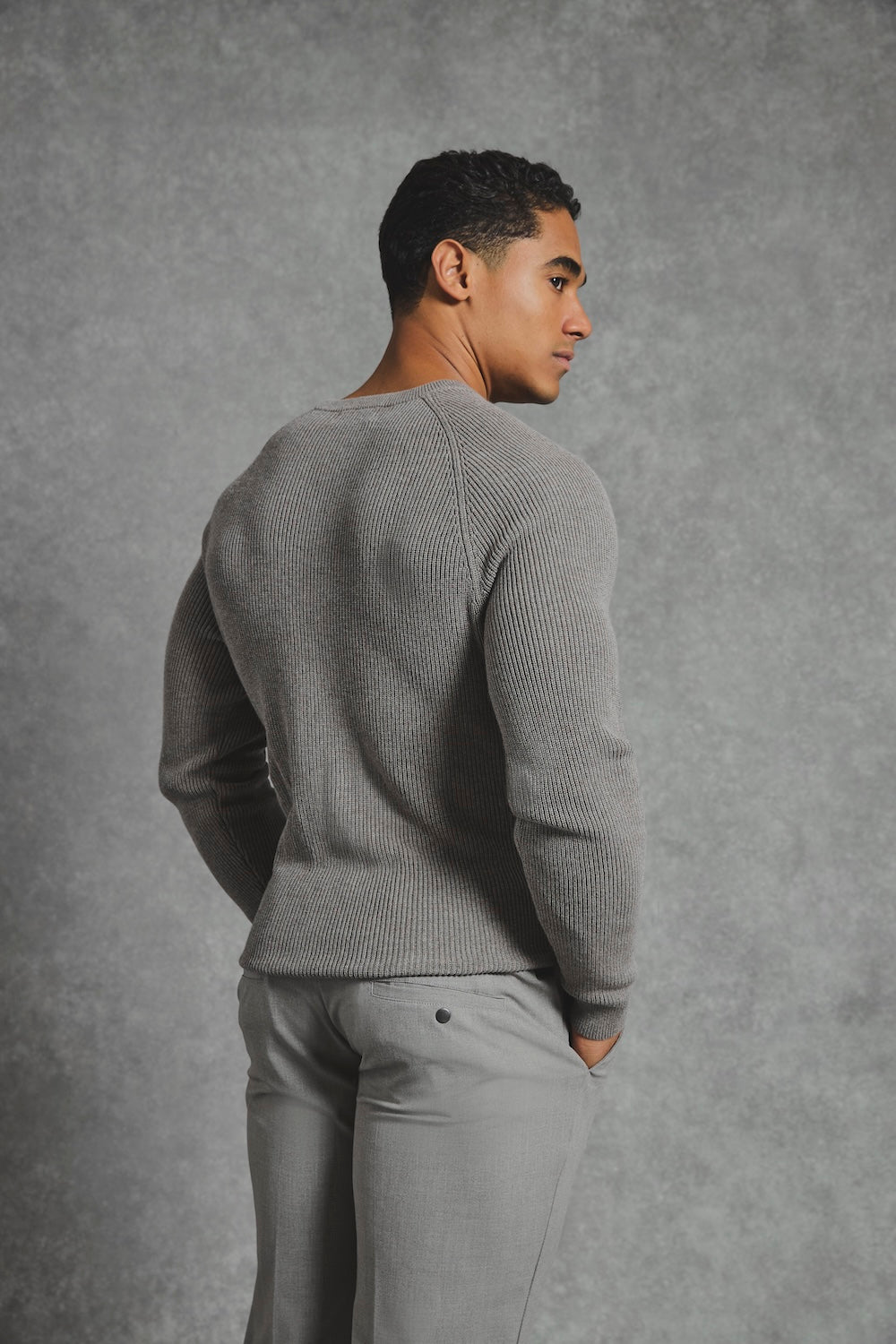 Pure Cotton Knitted Textured Crew Neck Sweater in Charcoal Marl - TAILORED ATHLETE - USA