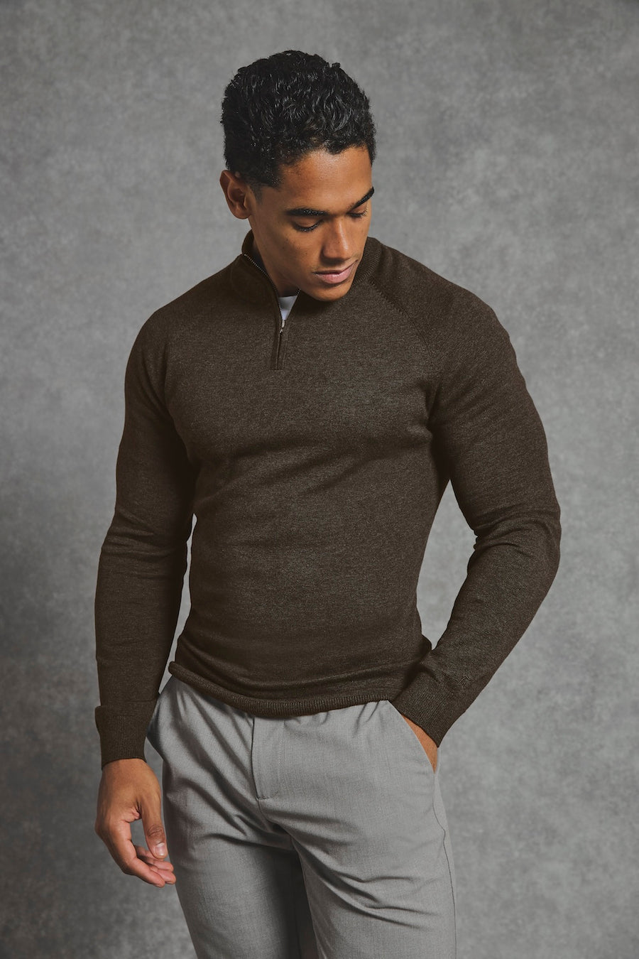 Pure Cotton Knitted Half Zip Neck Sweater in Brown Marl - TAILORED ATHLETE - USA