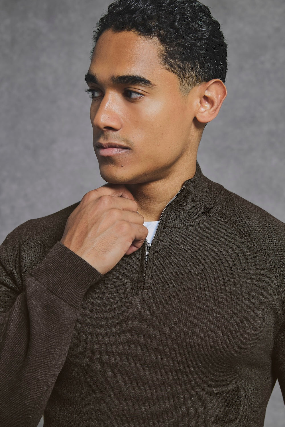 Pure Cotton Knitted Half Zip Neck Sweater in Brown Marl - TAILORED ATHLETE - USA