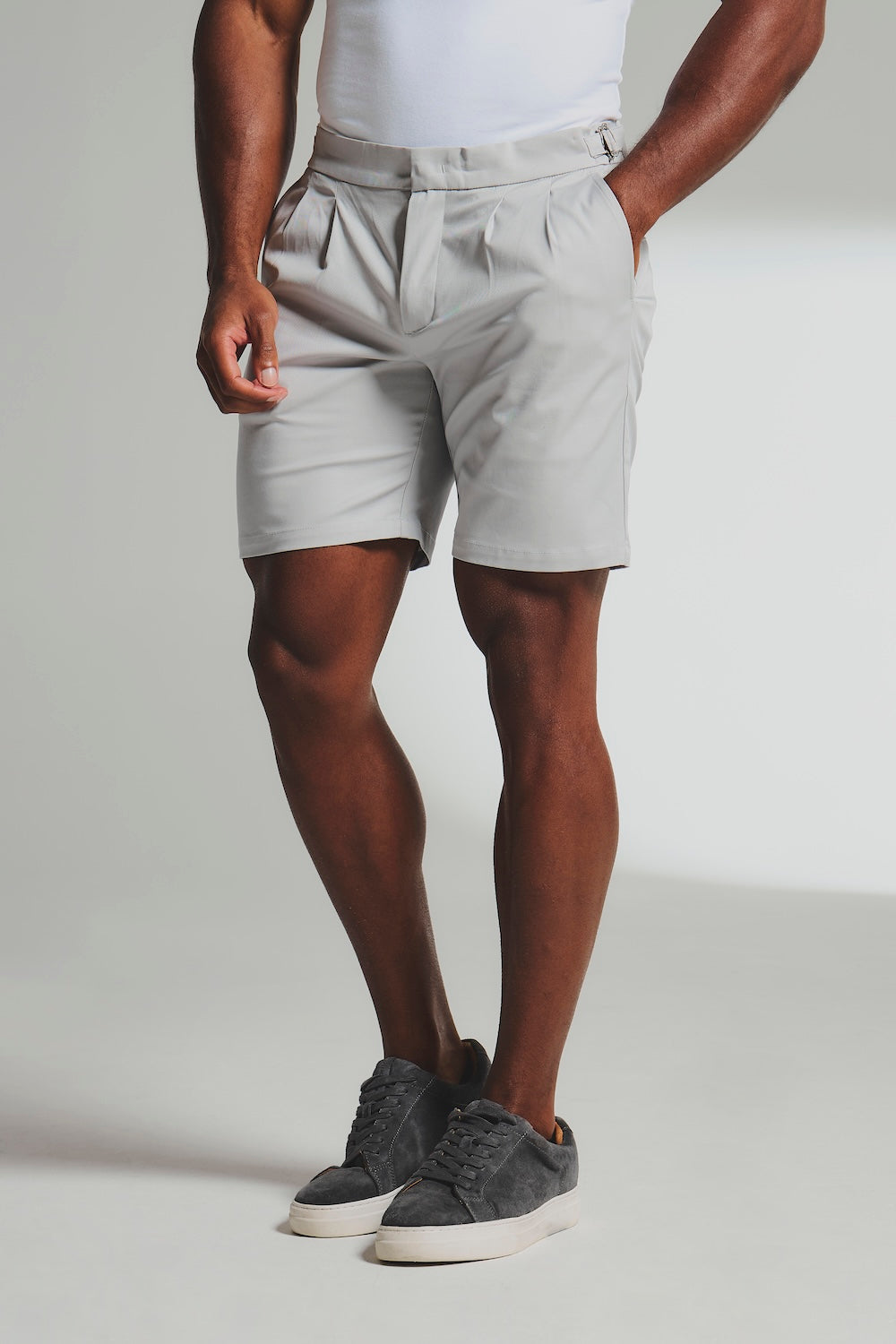Smart Pleated Cotton Side Adjust Shorts in Pale Grey - TAILORED ATHLETE - USA