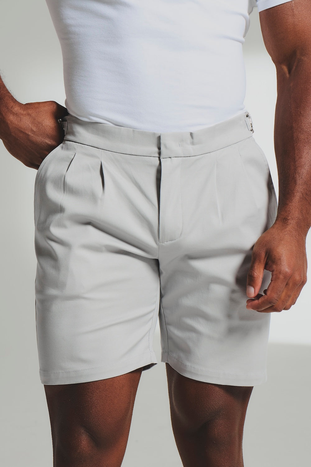 Smart Pleated Cotton Side Adjust Shorts in Pale Grey - TAILORED ATHLETE - USA