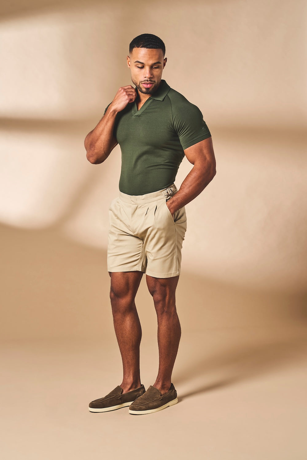 Smart Pleated Cotton Side Adjust Shorts in Stone - TAILORED ATHLETE - USA