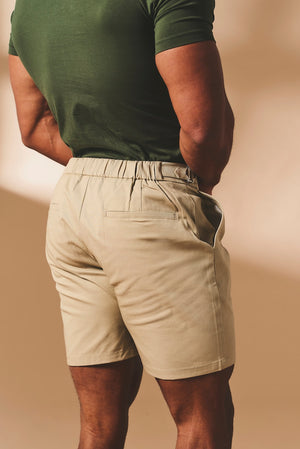 Smart Pleated Cotton Side Adjust Shorts in Stone - TAILORED ATHLETE - USA