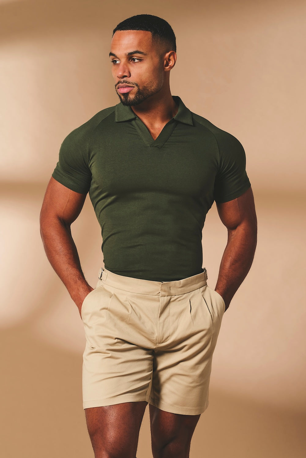 Smart Pleated Cotton Side Adjust Shorts in Stone - TAILORED ATHLETE - USA