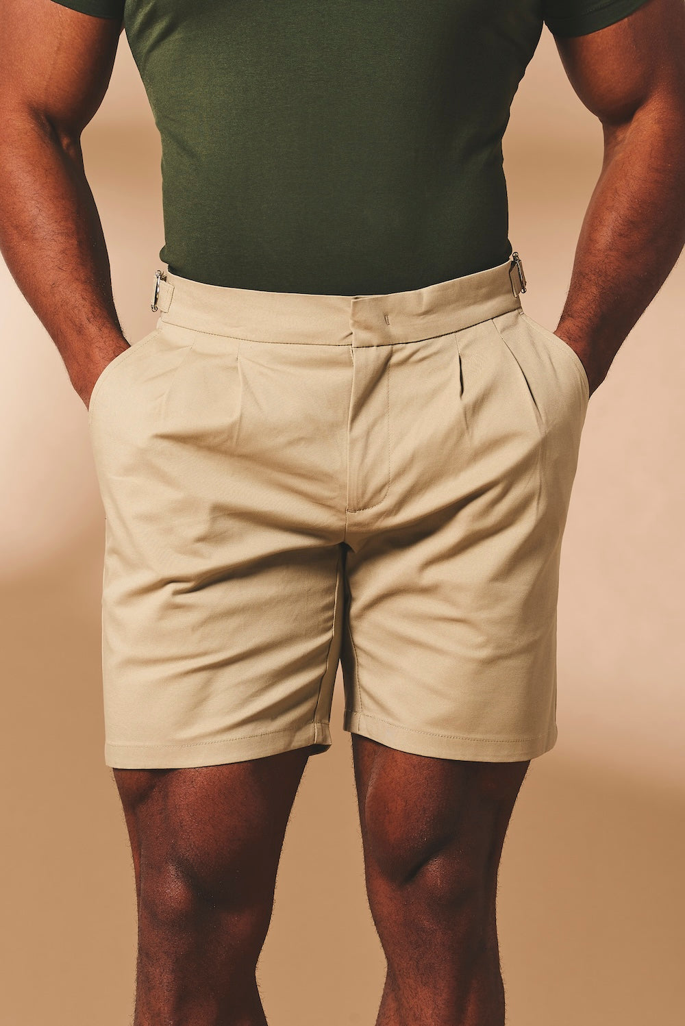 Smart Pleated Cotton Side Adjust Shorts in Stone - TAILORED ATHLETE - USA