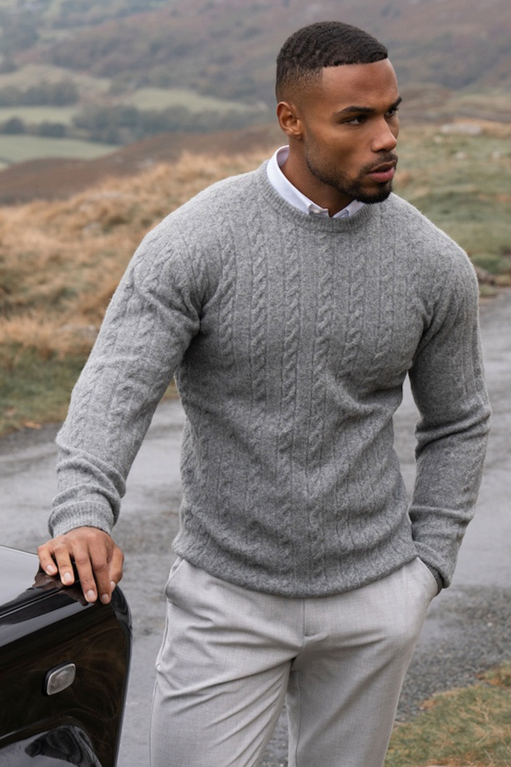 Soft Cable Crew Neck Sweater in Mid Grey - TAILORED ATHLETE - USA