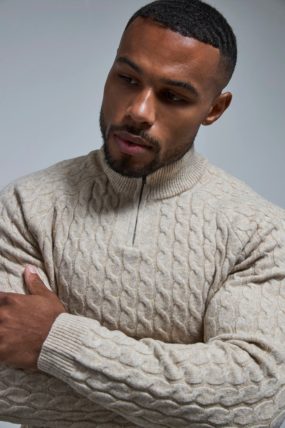 Soft Cable Half Zip Neck Sweater in Neutral Marl - TAILORED ATHLETE - USA