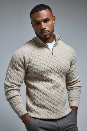 Soft Cable Half Zip Neck Sweater in Neutral Marl - TAILORED ATHLETE - USA