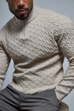 Soft Cable Half Zip Neck Sweater in Neutral Marl - TAILORED ATHLETE - USA