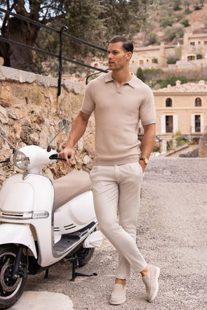 Contrast Textured Knitted Polo Shirt in Stone - TAILORED ATHLETE - USA