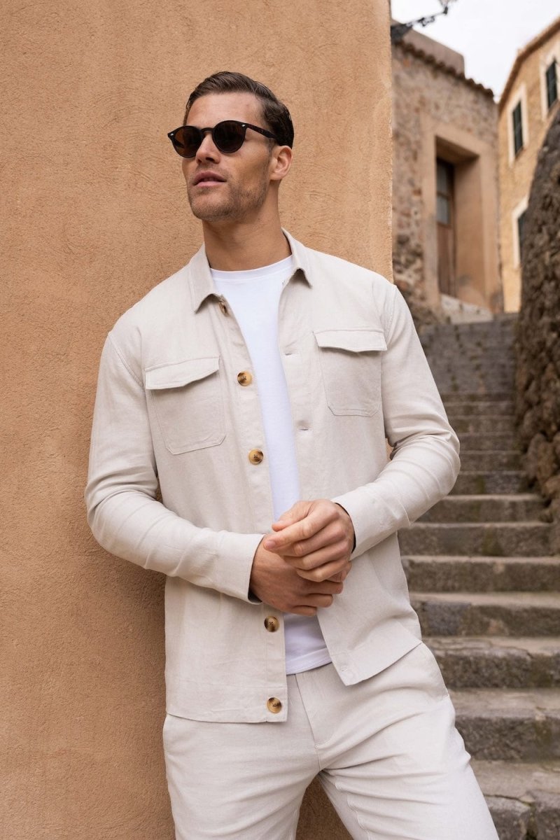 Stretch Linen Blend Pocket Overshirt in Stone - TAILORED ATHLETE - USA