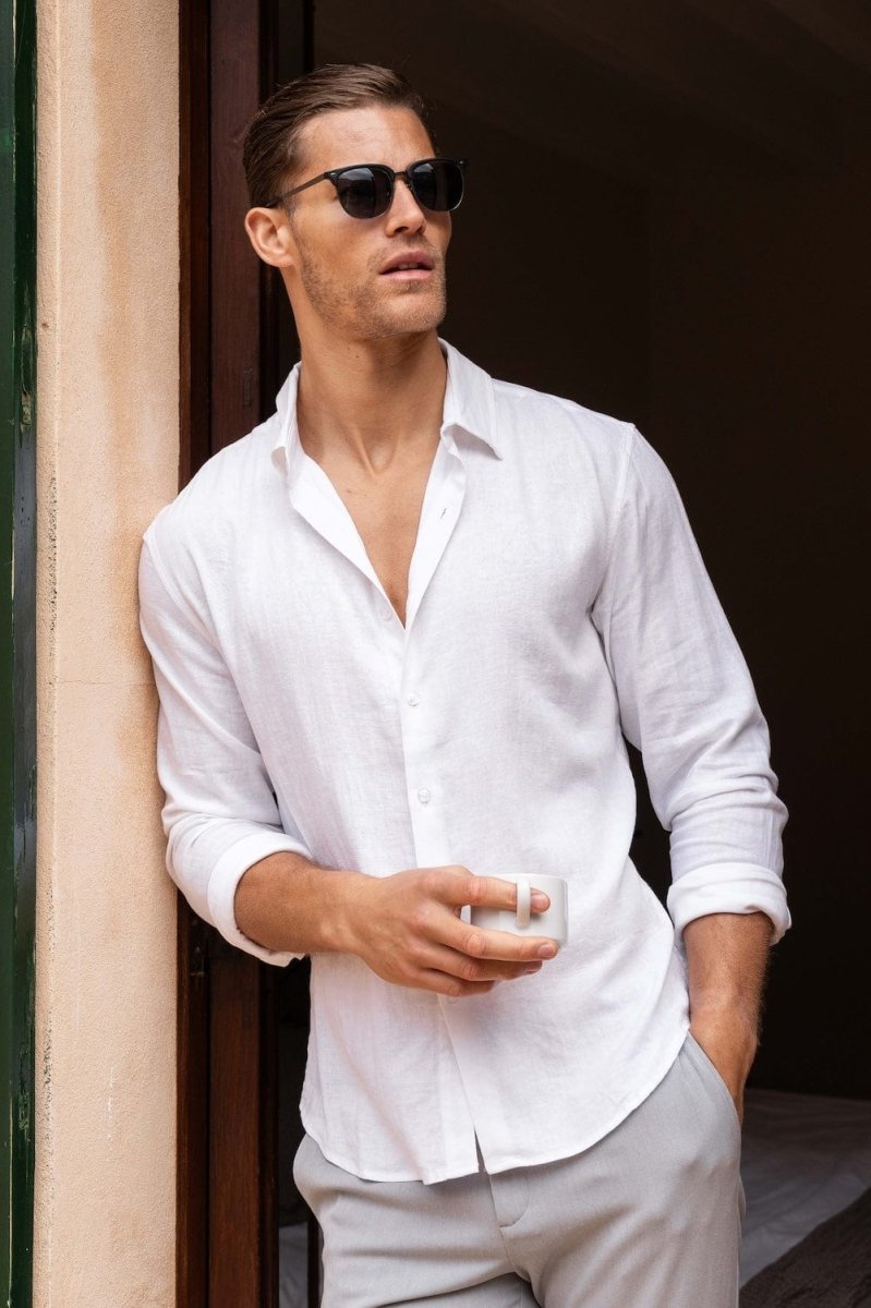 Stretch Linen Blend Button Through Shirt in White - TAILORED ATHLETE - USA
