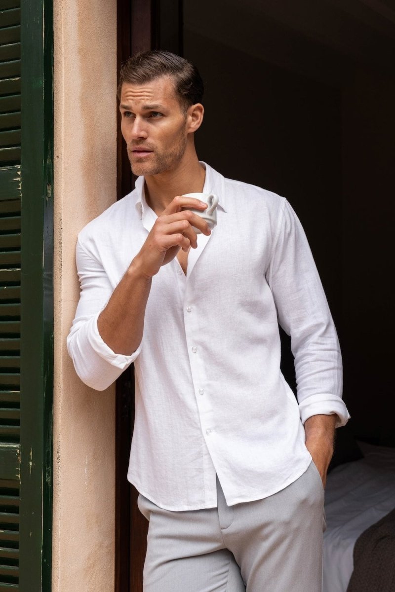 Stretch Linen Blend Button Through Shirt in White - TAILORED ATHLETE - USA