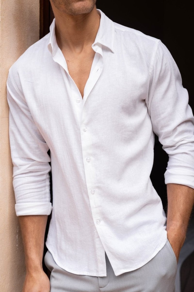 Stretch Linen Blend Button Through Shirt in White - TAILORED ATHLETE - USA
