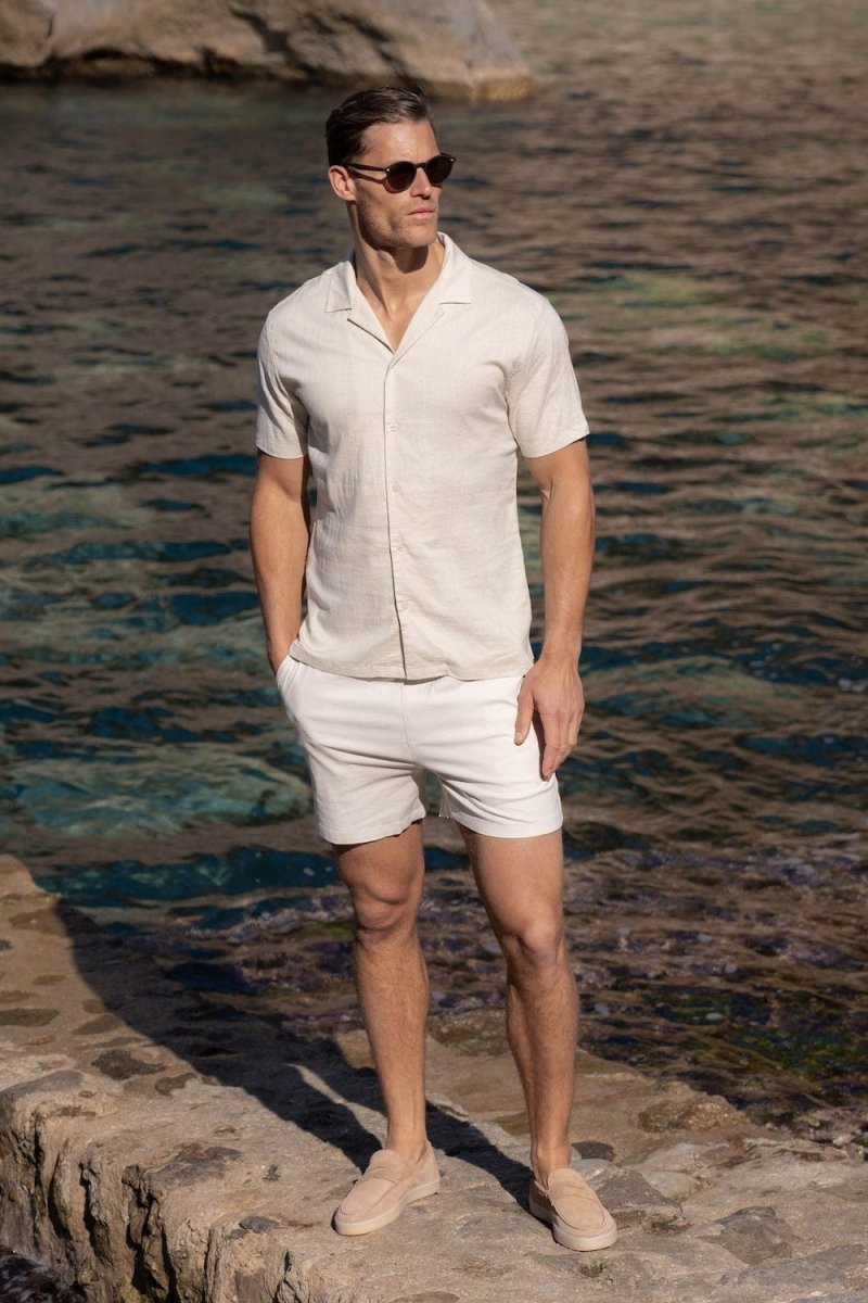 Stretch Linen Blend Cuban Collar Shirt in Stone - TAILORED ATHLETE - USA