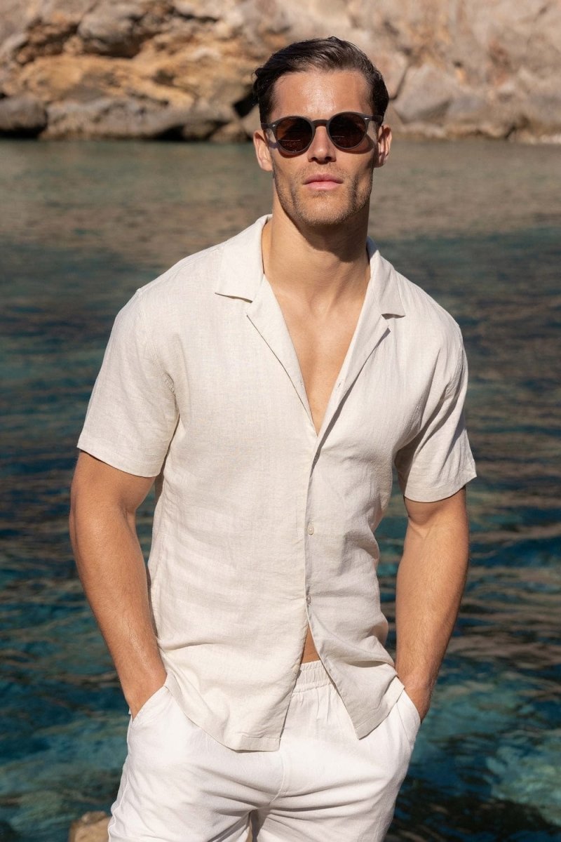 Stretch Linen Blend Cuban Collar Shirt in Stone - TAILORED ATHLETE - USA