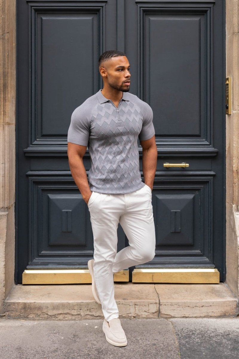 Diamond Jacquard Knitted Polo Shirt in Smoky Charcoal - TAILORED ATHLETE - USA